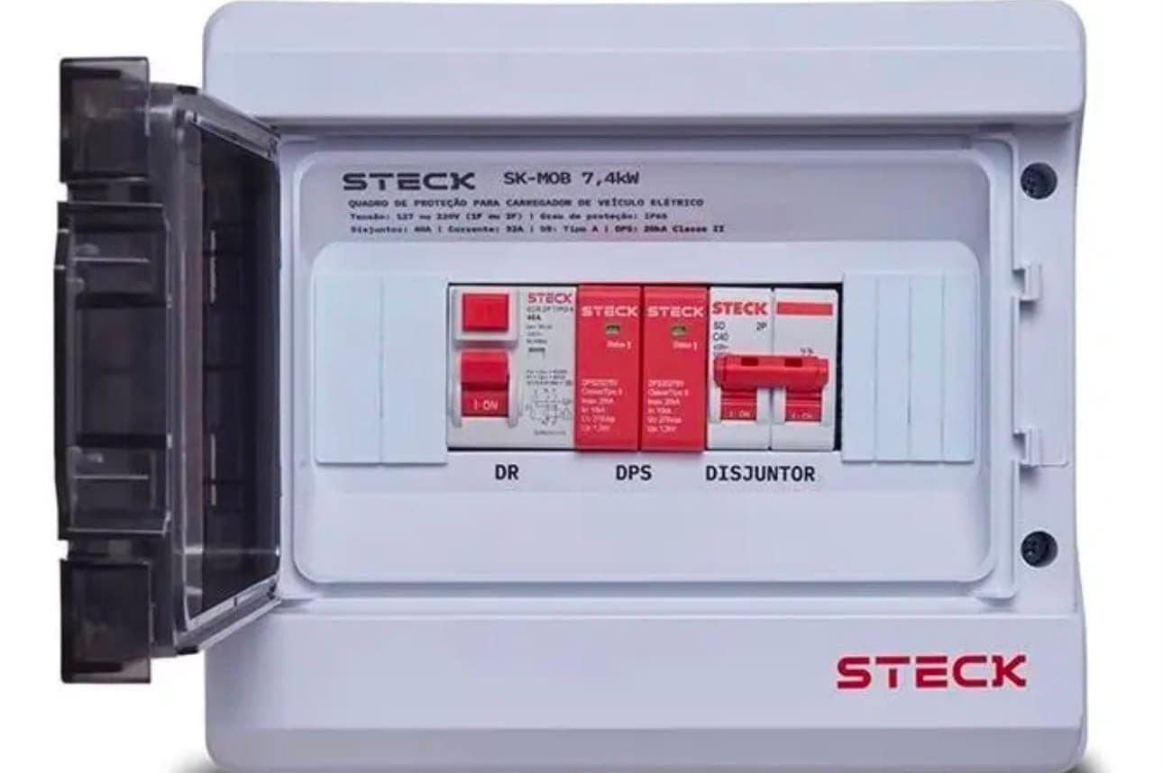 Quadro de proteção para carregador de veículo elétrico com DR, DPS e disjuntor